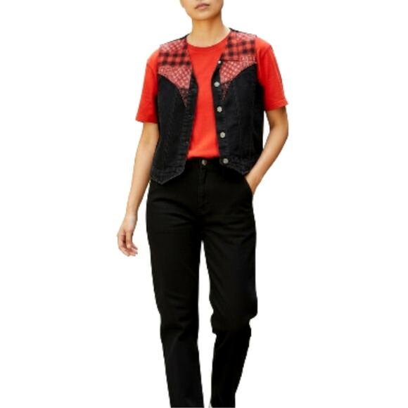 Carole Little Sport Red Black Patchwork Sleeveless Denim Button Down Vest Size L - Picture 2 of 9